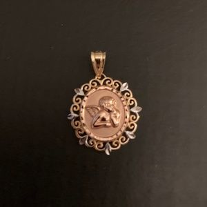 Vintage Reversible 14K Tricolor Gold Cameo Cherub Guardian Angel Pendant w/chain